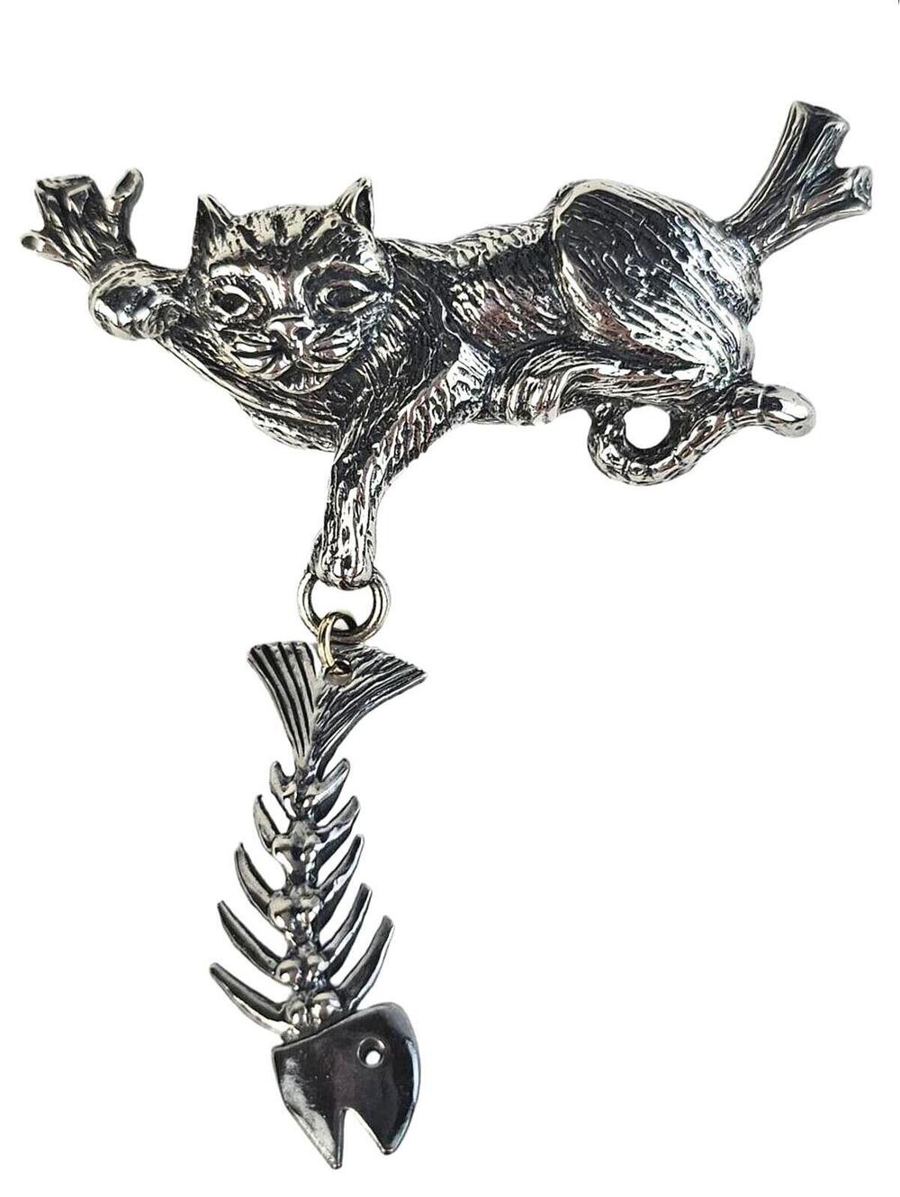 Robert Shields Vintage Silver Cat & Fishbone Pin Brooch RARE